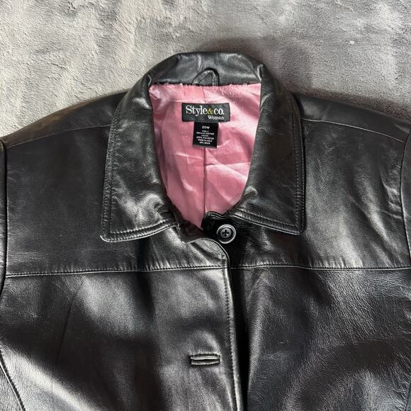 VTG Style & Co Women’s Black Genuine Leather Jacket Size 20W Y2K Quiet Luxury - Picture 2 of 11